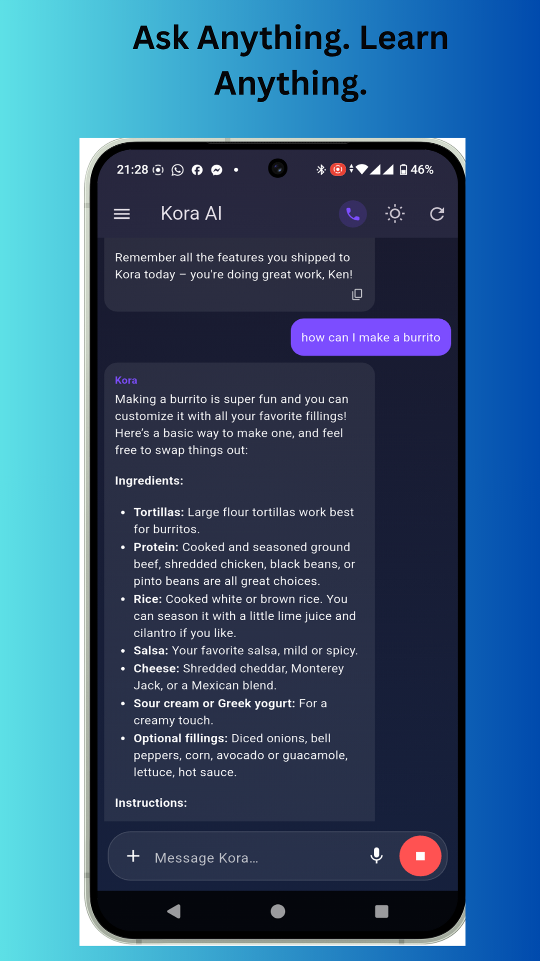 Chiedi qualsiasi cosa, impara qualsiasi cosa — Kora risponde in chat a una domanda di cucina