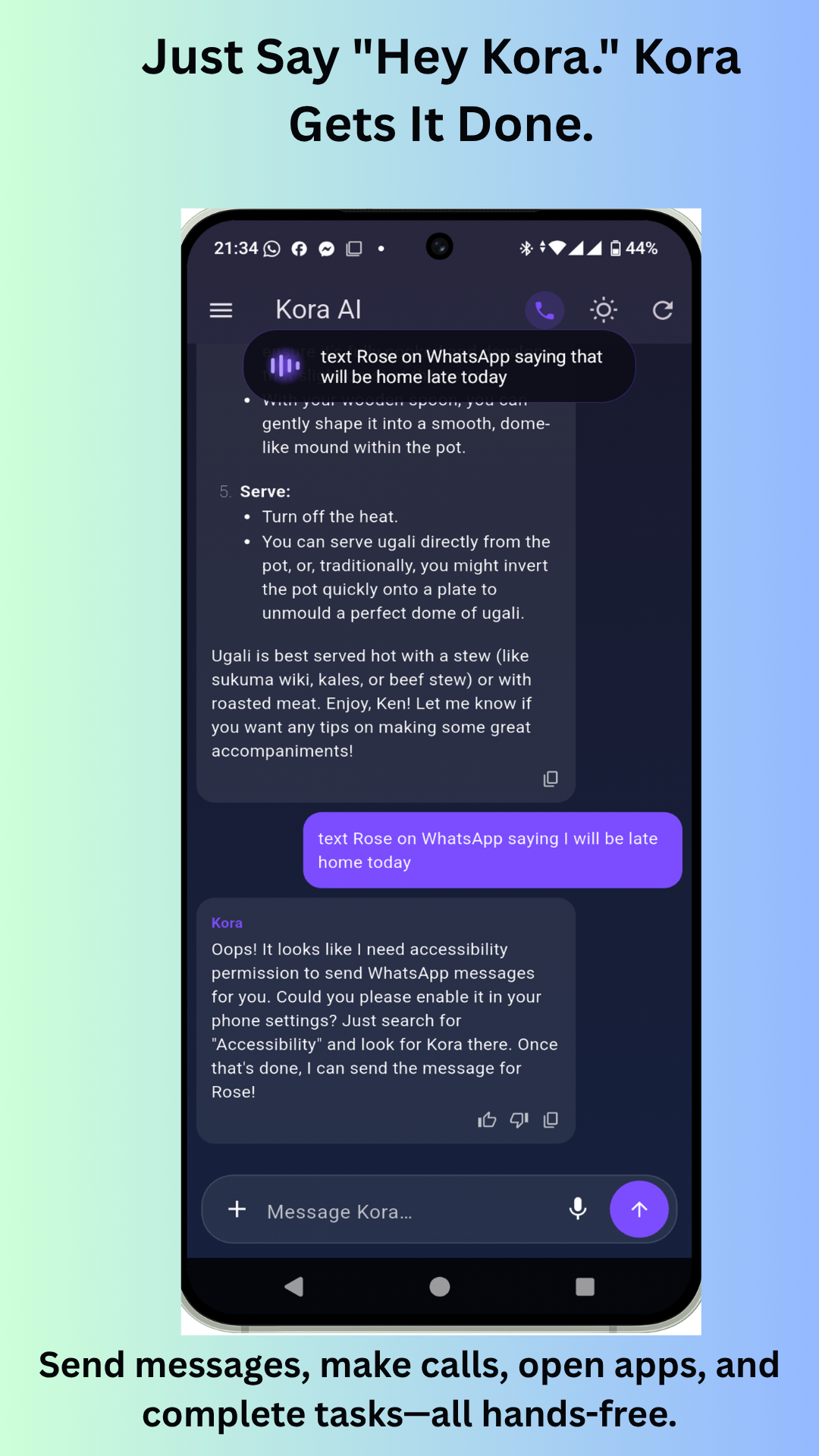 Di’ solo «Hey Kora» — invia un messaggio WhatsApp a mani libere